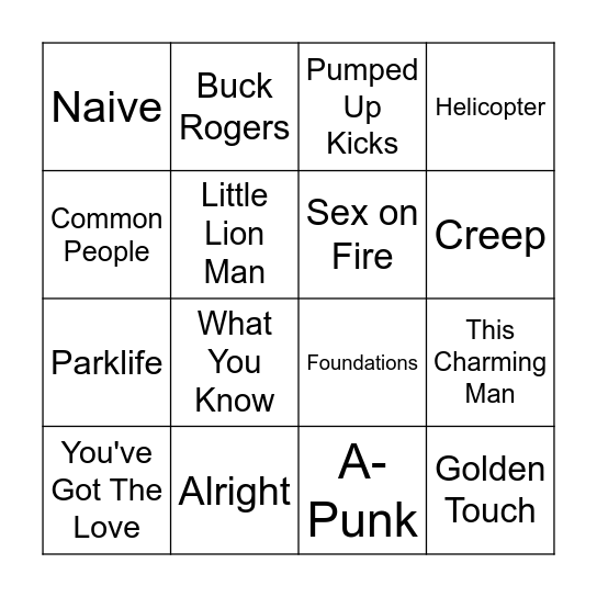 Indie Anthems Bingo Card