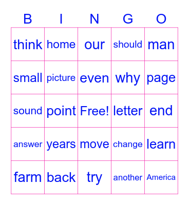 Sight Word Bingo Card