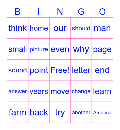 Sight Word Bingo Card