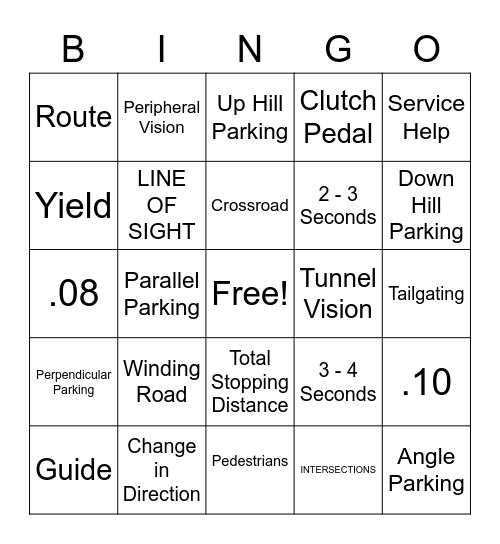 Unit 4 Drivers Ed Vocab Bingo Card