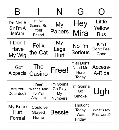 Nadine Bingo Card