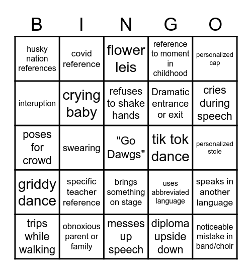 A Parking Lot Graduation Bingo Card