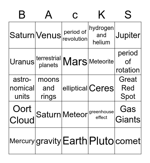 Chapter 4: The Solar System Bingo Card