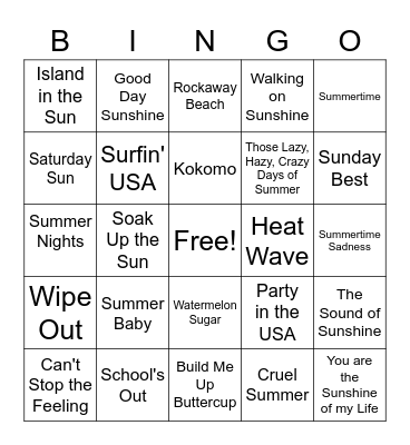 Summer Songs Bingo Card