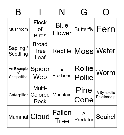 Woodinville HS Nature Walk Bingo Card