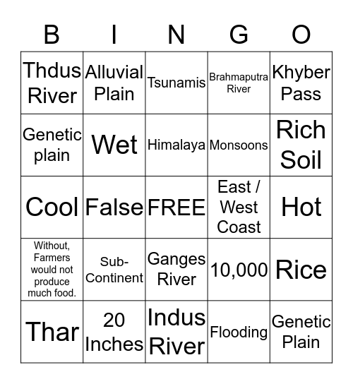 South Asia Trivia Bingo Card
