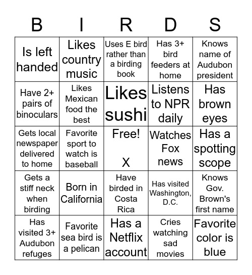 Audubon Bird Bingo Card