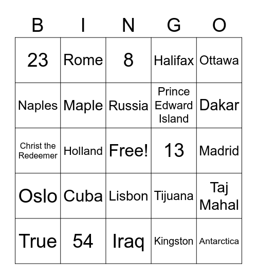 World Geography Trivia Bingo Card