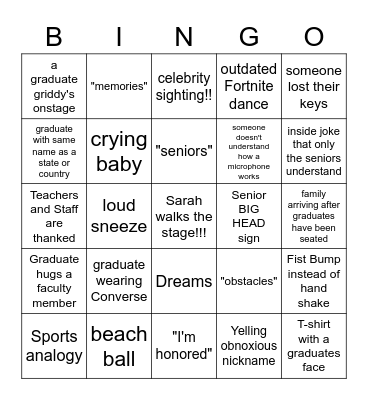 Sarah's Graduation Bingo Card