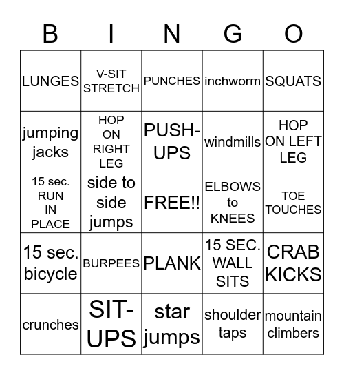 EXERCISE BINGO Card