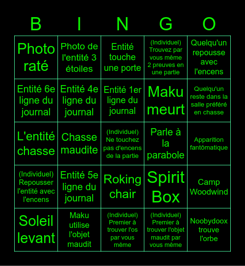 Phasmophobia Bingo NMSH Bingo Card