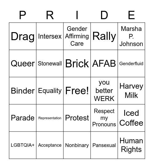 PRIDE BINGO Card