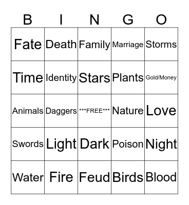 Romeo and Juliet Motif BINGO Card