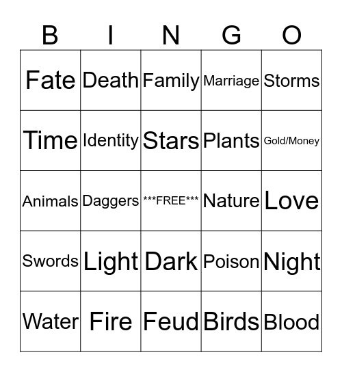 Romeo and Juliet Motif BINGO Card