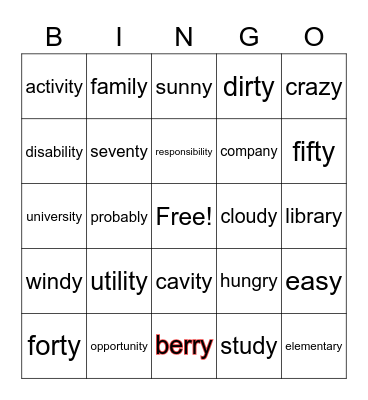 Words with -y Bingo Card