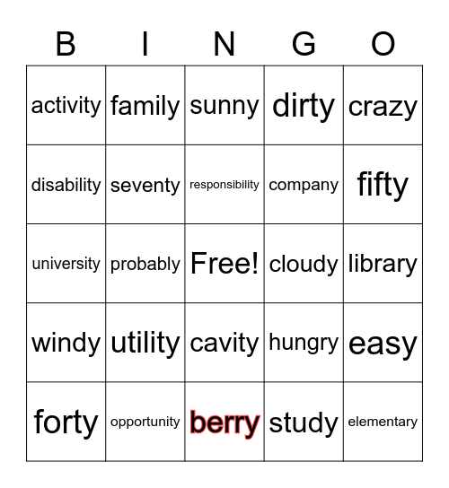Words with -y Bingo Card