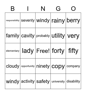 Words with -y Bingo Card