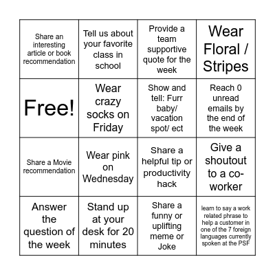 PSF Bingo Card