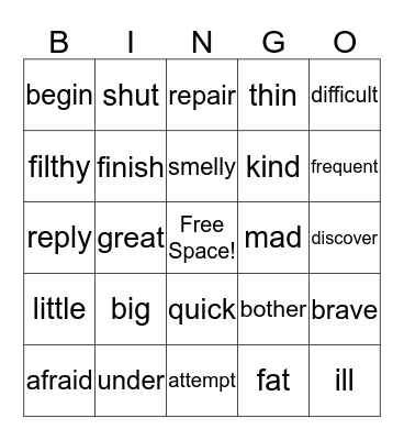 Synonym Bingo Card