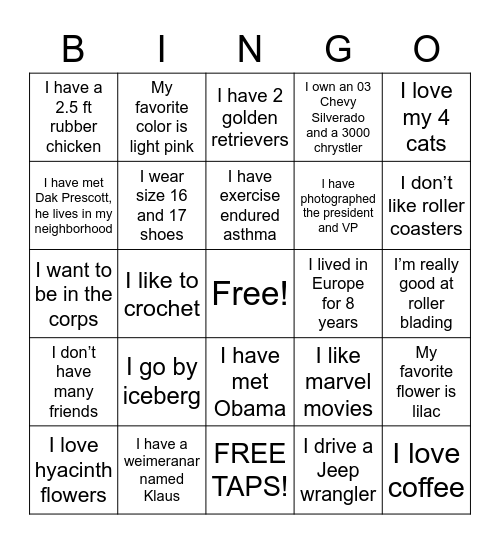 Group 16 TAPS Bingo Card