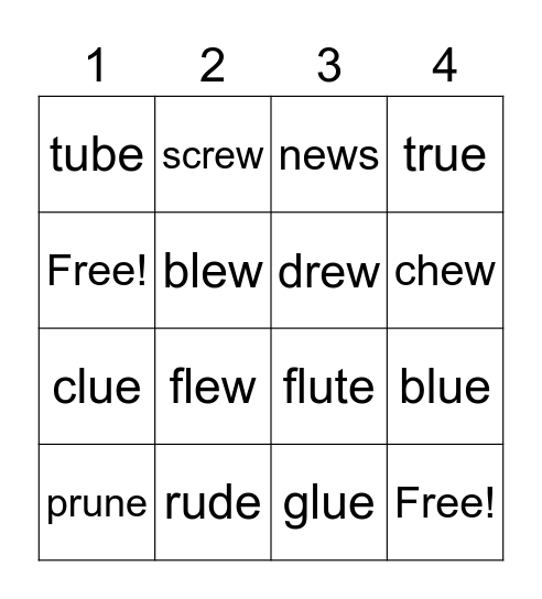 Long Vowel /u/ Bingo Card