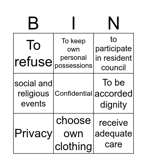 Resident rights bingo Card