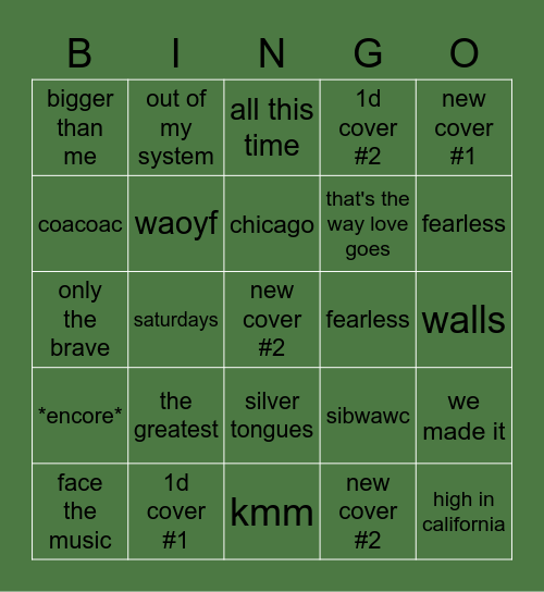 FITFWT SETLIST Bingo Card