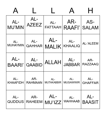 First 24 Names of Allah Bingo Card