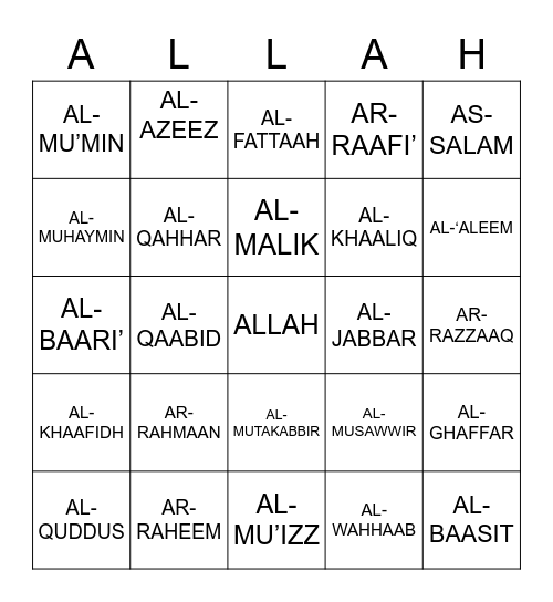 First 24 Names of Allah Bingo Card