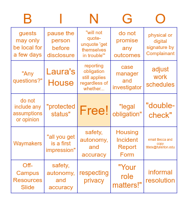 Summer Conference Assistant Title IX Training Bingo Card