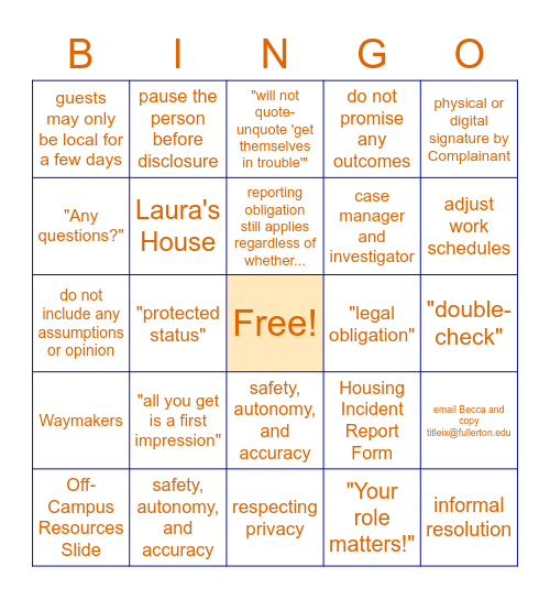 Summer Conference Assistant Title IX Training Bingo Card