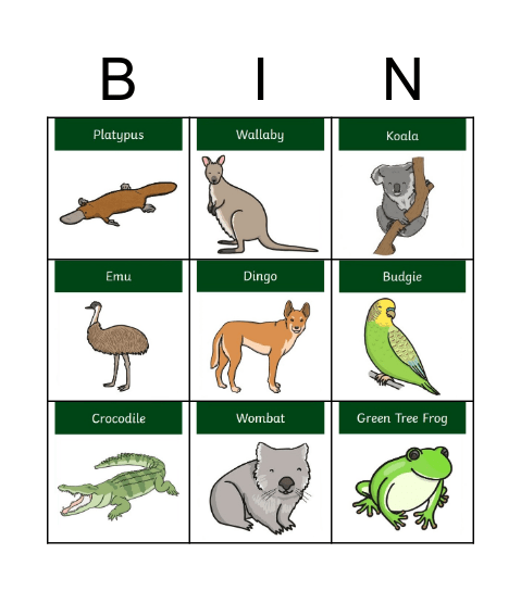 Australian Animals Bingo Card