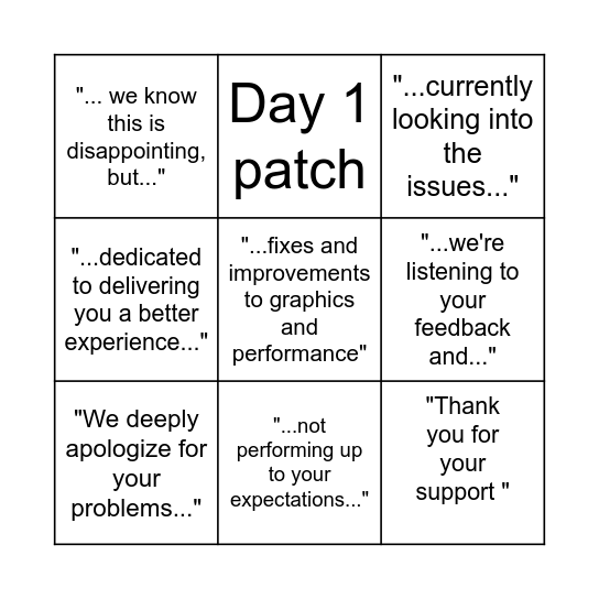 Sorry, our game sucks! Bingo Card