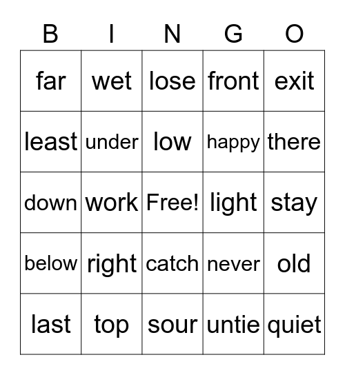 Antonyms Level One Bingo Card