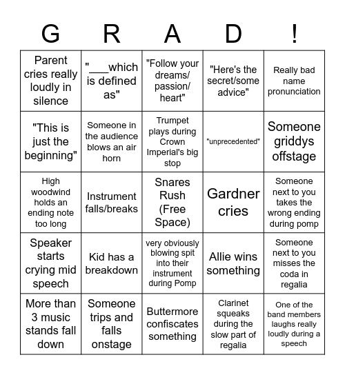 BAND GRAD BINGO 2023 Bingo Card