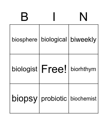 Root Word bio Bingo Card