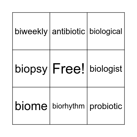 Root Word bio Bingo Card