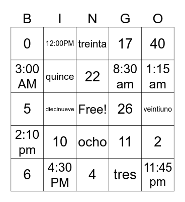 Spanish 101 Bingo Card