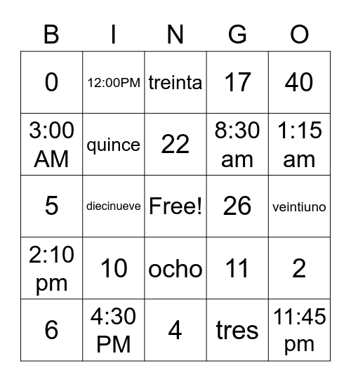 Spanish 101 Bingo Card