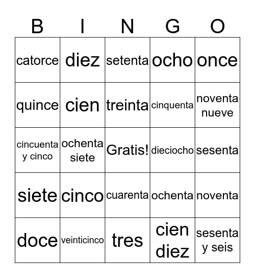 Los Numeros Hasta Cien Bingo Card