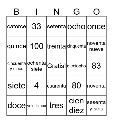 Los Numeros Hasta Cien Bingo Card