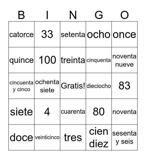 Los Numeros Hasta Cien Bingo Card