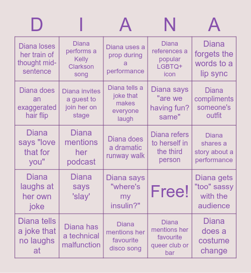 Diana Bingo Tease Bingo Card