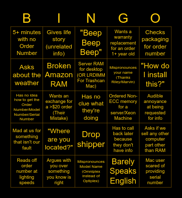 Customer Call Bingo Card