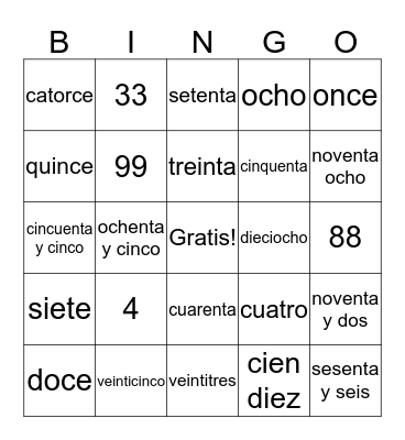 Los Numeros Hasta Cien Bingo Card