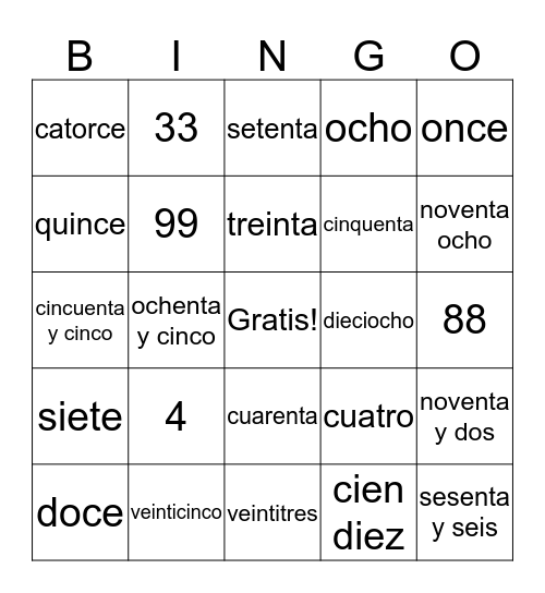 Los Numeros Hasta Cien Bingo Card