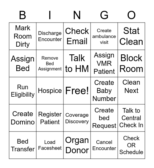 Bed Placement Bingo Card