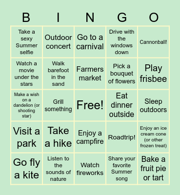 Summer Fun Bingo Card