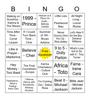 80's Mix Bingo Card