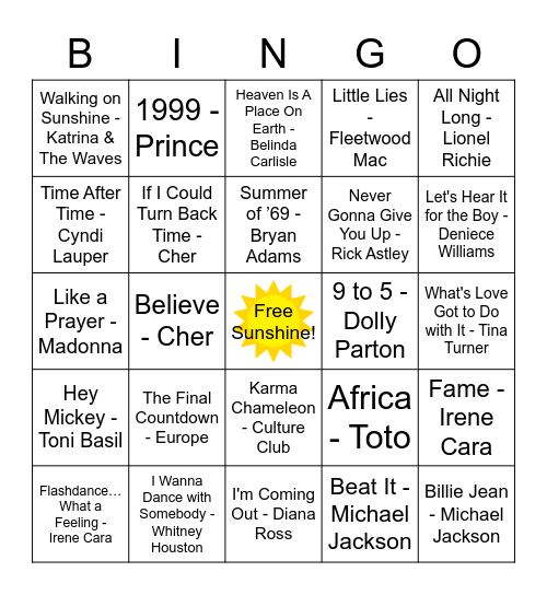 80's Mix Bingo Card